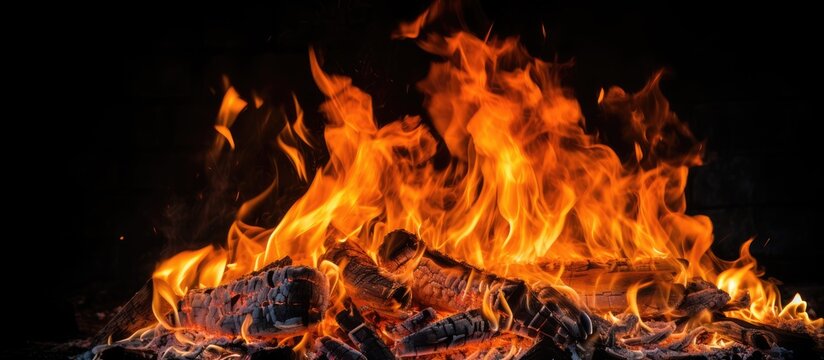 A close-up view of a blazing fire in the darkness, flames flickering and dancing against the black backdrop. The fire is burning brightly, fueled by wood and cow dung, creating a vibrant and striking