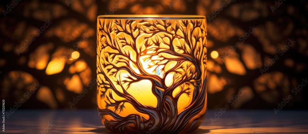 Poster a candle is positioned on a table, casting a warm glow in the surroundings. the table is simple and 
