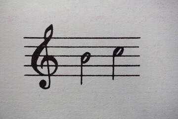 A page from a book with musical notes as a background, close-up view