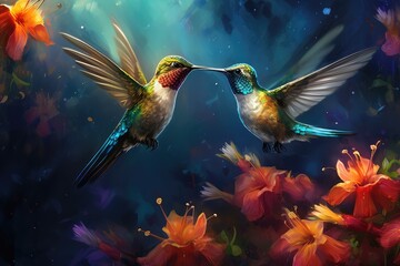 Hummingbirds hovering over brightly colored flowers, A painting of two birds with blue and green feathers , Ai generated