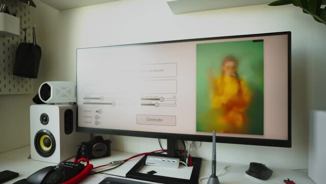 The artificial intelligence program generates an image according to a given prompt on a large monitor of a home computer. The chair is empty. Concept: AI replaces human creative work.
