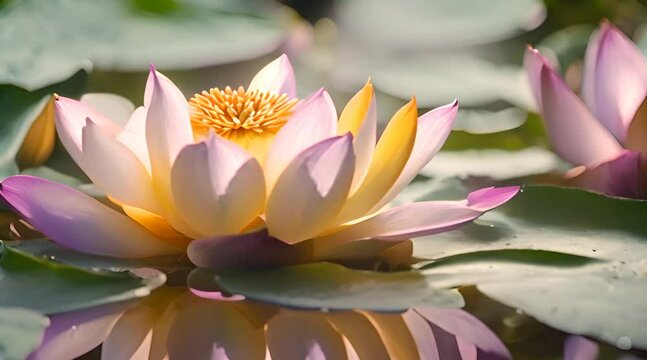Abstract animation of lotus on the surface of a reservoir, pond, above water foliage. Realistic style, realistic image in water, rare plant, red book, flower, nature. Generated by AI