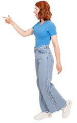 Woman walking and pointing, full length side view young 20s caucasian bob haircut woman walking and pointing aside on copy space workspace area. Isolated transparent png background.