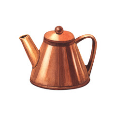 Copper red pot for tea and coffee. Watercolor hand-drawn illustration isolated on white background. Perfect for recipe lists with drinks, brochures for cafe