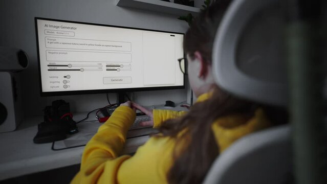 The girl is a modern neuro artist who compiles and writes a prompt for the artificial intelligence program. The AI program gradually draws an image on the screen according to the task.