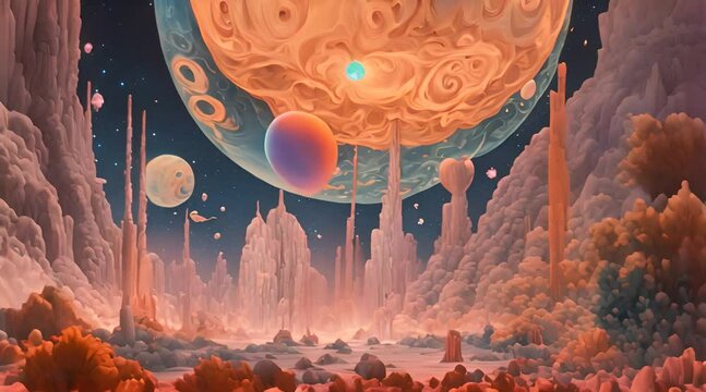 Abstract animation of alien life, another planet, space creatures, wavy world, parallel universe, aerial buildings, pillars. Pastel colors, scale. Generative by AI.
