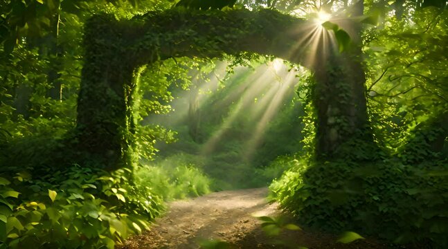 Abstract animation of forest path, arch, passage, ancient building, mystical structure, overgrown area, foliage, trees, wild nature, greenery, trees, mystery, unexplored roads. Generative by AI