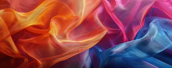 Textured blue, orange and purple satin fabric fiber abstract background