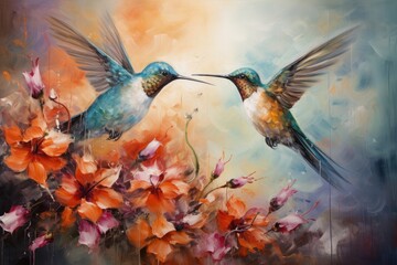 Hummingbirds hovering over brightly colored flowers, A painting of two birds with blue and green feathers , Ai generated - obrazy, fototapety, plakaty