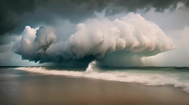 Abstract animation of an avalanche, sea, ocean, sandy shore, sand, sea waves, sea foam, cloudy sky, impending storm. Destructive nature concept. Generative artificial intelligence