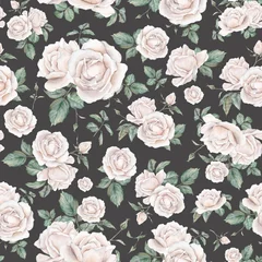 Wandcirkels tuinposter Light pink roses seamless pattern. Light cream roses arrangement. collection garden flowers and leaves. watercolor hand painting illustration on isolate background. For wedding invitations © Ekatmart