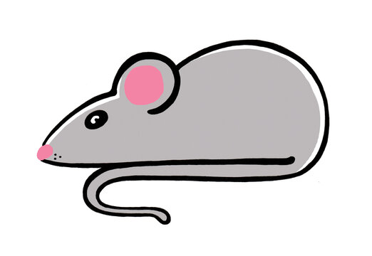 Illustration of a mouse isolated on a white background. Black outline, gray fill. Pink ear, nose. Black eye. A simple profile picture. He looks to the left. Printmaking style. Stylization. Animal.