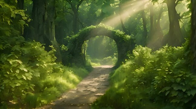 Abstract animation of forest path, arch, passage, ancient building, mystical structure, overgrown area, foliage, trees, pristine architecture, greenery, mystery, unexplored roads. Generative by AI