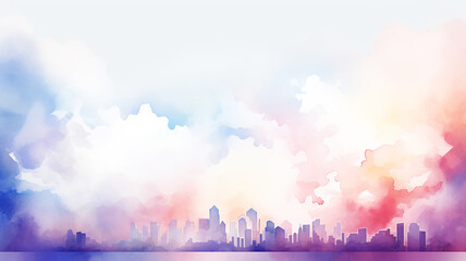 Urban landscape in pink and blue clouds, background postcard in watercolor style - obrazy, fototapety, plakaty