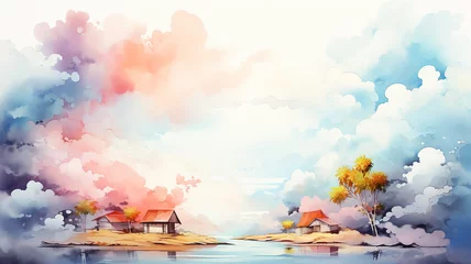 Fotobehang Abstract landscape in multicolored clouds, watercolor background postcard © kichigin19