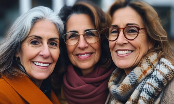 Three mature Women having fun together outdoor at city street- three happy mature trendy female friends. 
