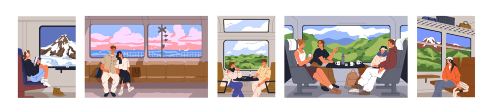 Tourists in train trip set. Passengers sitting on seats, railway travel. People looking outside window at nature landscapes, reading, chatting with friends. Railroad journey. Flat vector illustrations