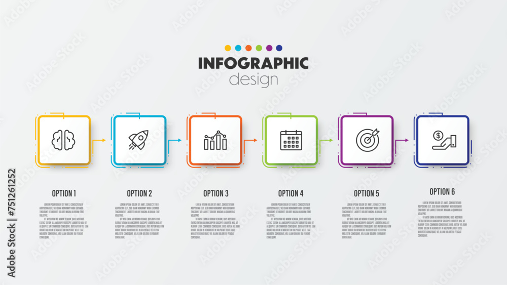 Aufkleber vector timeline presentation infographic template with concept business icon 6 option square shape.