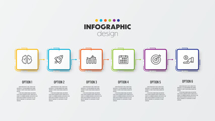 Vector timeline presentation infographic template with concept business icon 6 option square shape.