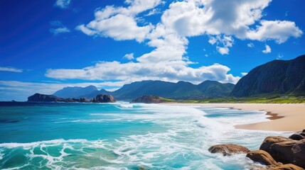 Beautiful scenery mountains sea beach blue sky white clouds seascape wallpaper background