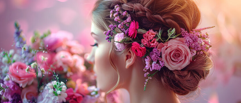 a bride with a beautiful floral hairstyle, with empty copy space