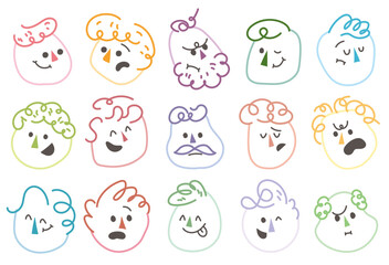 Fototapeta premium Outline flat face with variety cute and funny facial expression set. Cartoon doodle style round character emotion. Comic colorful happy, calm, worry, angry, anxiety, smile face with line draw hair