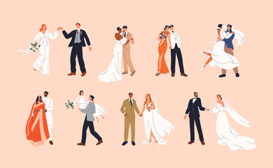 Wedding love couples set. Bride and groom marriage. Married man and woman, modern newlyweds in white dress and tuxedo. Happy romantic people, bridegroom. Isolated flat graphic vector illustrations