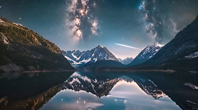 Abstract animation of night space, nebula, stars, mountains in the background, huge pond, reservoir, beautiful reflection on water. Beauty of space, the intangible galaxy concepts. Generative by AI