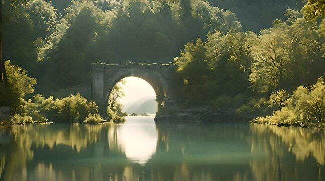Abstract animation of ancient architecture built into a rock, stone building over a pond, lake, among green lush forest, bright sun rays, realistic reflection on water. Generative by AI