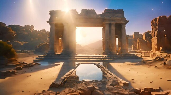 Abstract animation of stone ruins in the sand. Rocks, mountains, stony building, ancient architecture, sun rays, оазис, mysticism, gates, arch, passage, old structure. Generative by AI
