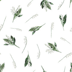Floral pattern spring lily of the valley. Watercolor seamless background flowers. Cute Print for textile design or wallpaper. Hand drawn illustration with flowers, buds, leaves and stems.
