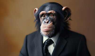 Portrait of a cute chimpanzee monkey dressed in an elegant business suit