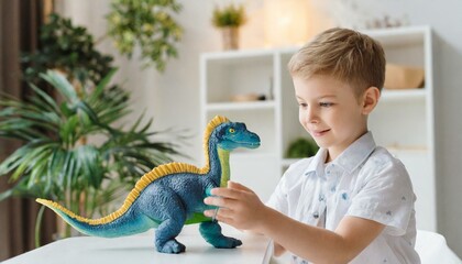 Obraz premium child cute boy playing with a toy dinosaur in light interior 