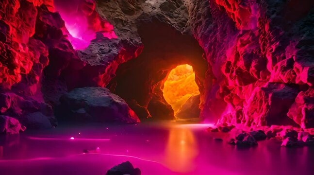 Abstract animation of a cave illuminated by rainbow. Neon glow, reflections on the water, underground river, belowground current, bright flow. Mystical, unrealistic concept. Generative by AI