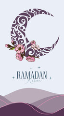 Ramadan Kareem Vector Greeting Card Template. Social Media Banner, Poster Ramadan Layout with Crescent Moon decorated with Sakura flowers