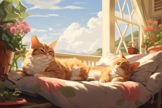 Cats lounging around on a lazy Sunday afternoon, Cute cat relaxing indoors, Ai generated