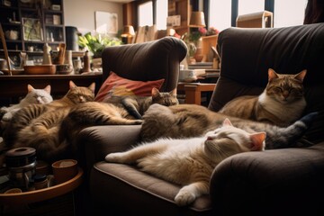 Cats lounging around on a lazy Sunday afternoon, Cute cat relaxing indoors, Ai generated