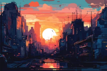 Fotobehang Beautiful Cyberpunk Cityscape with a sunset Glitchy vector illustration. Generative AI © hasan