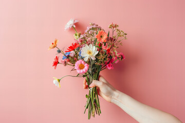 Hand Holding a Colorful Assortment of Fresh Spring Flowers Banner
