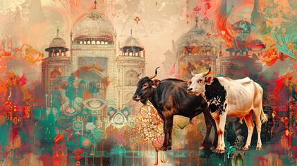 Majestic sacrificial animals standing gracefully in a vibrant Eid ul Azha setting, framed against a stunning multicolor backdrop.