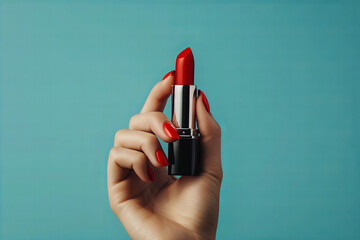 Elegant Red Lipstick Fashion Statement in Hand - Cosmetics Banner Design - obrazy, fototapety, plakaty