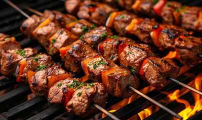 shish kebab on a skewer on a barbecue grill 