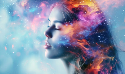 beautiful fantasy abstract portrait of a beautiful woman double exposure with a colorful digital paint splash or space nebula  - Powered by Adobe