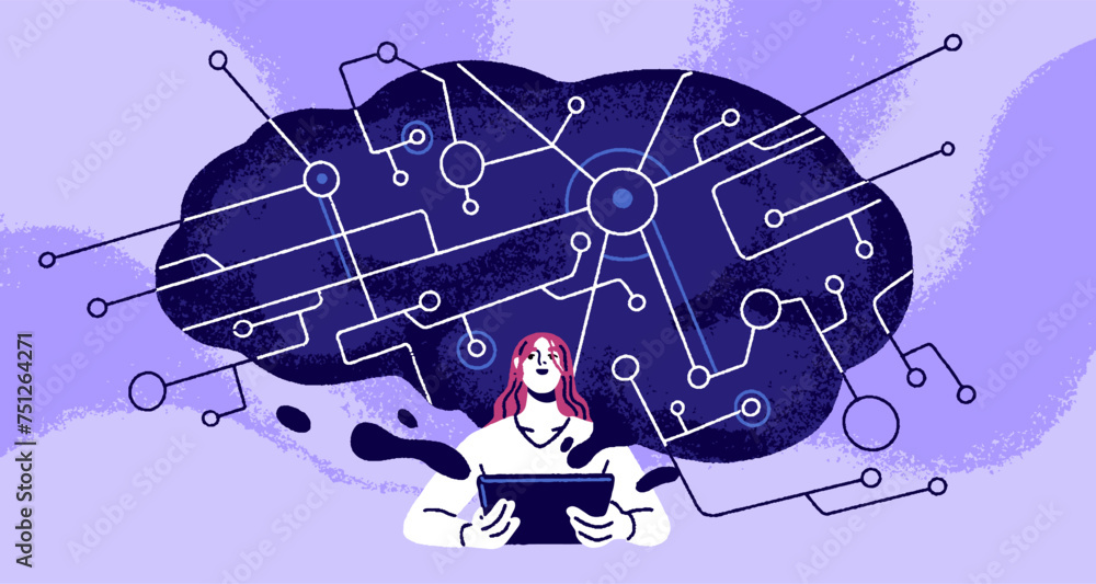 Poster Neural network concept. Human studying digital AI brain. Artificial intelligence technology training, machine learning science, knowledge, memory, automation and education. Flat vector illustration