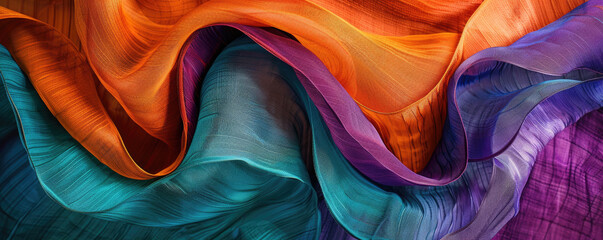 Textured orange, teal, purple and blue satin fabric fiber abstract background
