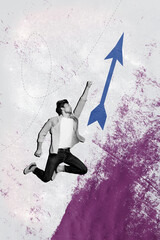 Photo collage artwork minimal picture of excited confident guy rising fist flying arrow isolated...