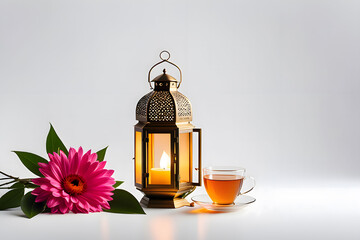 Ramadan lantern with cup of tea and flower, Ramadan mubarak, Ramadan background, Arabic lantern