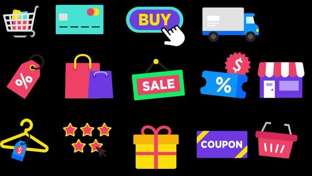 Online shopping animation Icons set. Buy button, bag, sale tag, coupon code apply, card, shipping car, set of shopping icons