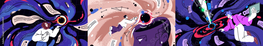 Aufkleber Creative AI and neural networks, future generative technology study concept. Human in digital virtual world set, generating information, data with artificial intelligence. Flat vector illustrations