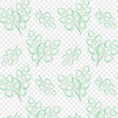 Seamless pattern transparent branches with green leaves. For postcard, card, invitation, poster, banner template lettering typography. Seasons Greetings. Vector illustration